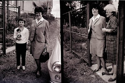 Black-and-white portrait of two women in mid-20th century attire, likely 1960s-70s. Left: younger woman in a knee-length dres...