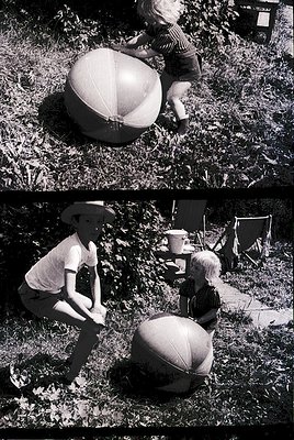 Mid-20th century black-and-white diptych capturing children playing with a large inflatable beach ball in an outdoor setting....