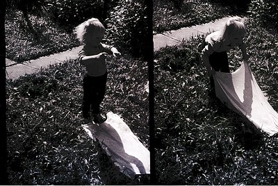 Black-and-white diptych capturing a child mid-jump over a fallen tree trunk in a grassy area, framed by dense foliage. Dynami...