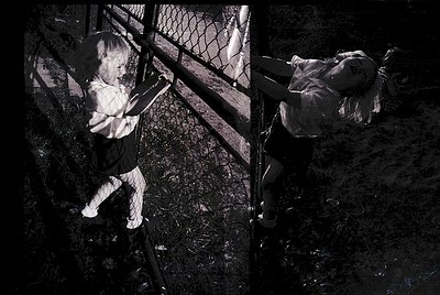 Black-and-white split-image capturing two children on a swing set, mid-motion. Left: Child in mid-swing, gripping chains with...
