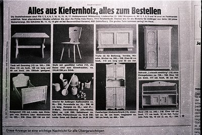 Vintage German furniture catalog page from the 1970s, showcasing modular kitchen and household items. Features labeled storag...