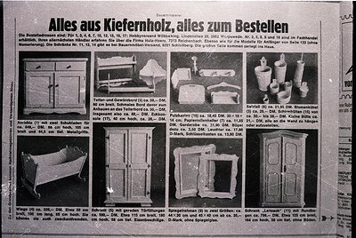 Mid-century German furniture catalog (1960s) showcasing pinewood (*Kiefernholz*) home goods. Features modular shelving units,...