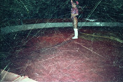 Close-up of a **vintage Polaroid-style photo** showing a **red, bloodstained surface** with **white fibers** (likely cotton o...