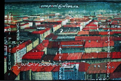 Urban landscape painting featuring stacked, weathered shipping containers with graffiti. Text includes "PRINTING," "ROUSKY DO...