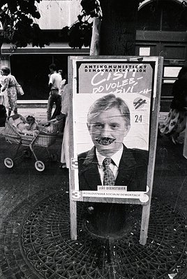 Vintage political campaign poster featuring Jiří Dienstbier, leader of the *Antikomunistický demokratický blok* ("Anti-Commun...