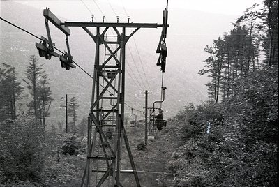 Black-and-white shot of a mid-20th century alpine chairlift ascending through dense forest. Steel towers and suspended chairs...