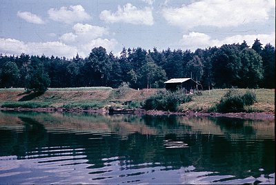 Rustic lakeside cabin nestled in dense forest, reflected in calm waters. Mid-20th century rural setting with wooden structure...