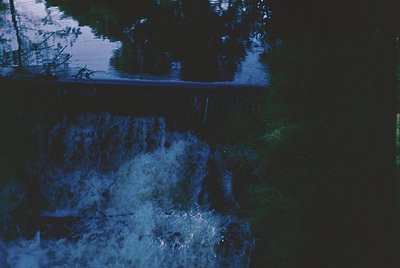 Low-angle nighttime shot of a waterfall cascading into a dark, reflective pool under moonlight. Silhouetted trees frame the s...