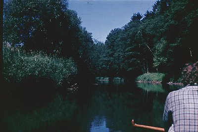Vintage black-and-white boat on a serene river flanked by dense foliage, suggesting mid-20th century recreational boating. Ov...