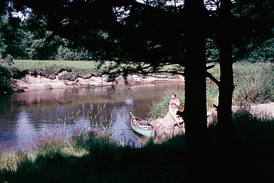 Vintage canoeing scene under dense forest canopy, likely 1970s-1980s. Person in striped shirt paddles a single-person canoe o...