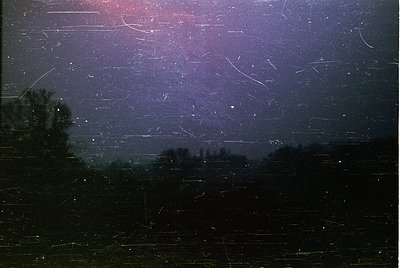 Vintage film capture of a starry night sky with faint, streaked light trails—likely from long exposure. Silhouetted trees fra...