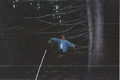 A man in a blue jacket and dark pants stands on a wooden platform suspended by thick ropes in a dense forest. The structure a...