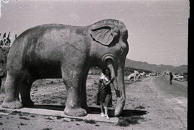 Vintage black-and-white photo of a large concrete elephant statue with a child interacting, likely mid-20th century. Mountain...