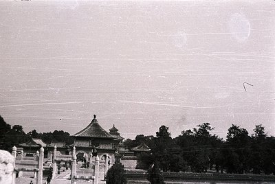 Vintage black-and-white photo of traditional Chinese courtyard architecture with upturned eaves and ornate roofs. Dense folia...