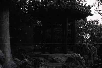 Classic East Asian pavilion with curved eaves and stone foundation, framed by dense foliage. Likely a traditional garden stru...