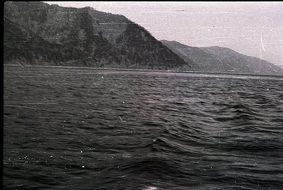 Black-and-white coastal scene featuring rugged cliffs meeting choppy waters. Dense forest covers the steep terrain, with mini...