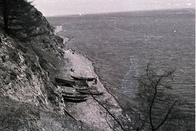 Vintage black-and-white aerial view of a **stepped cliffside terrace** with agricultural plots, likely for viticulture or dry...