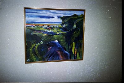 Impressionistic coastal landscape painting featuring bold, expressive brushstrokes. Dramatic interplay of deep blues, greens,...