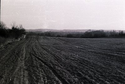 Plowed agricultural field with deep furrows, likely post-harvest. Bare trees and distant rolling hills in the background. Bla...