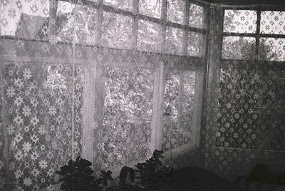 Vintage lace curtains framing large, divided windows in a dimly lit interior, likely a 1950s-1970s European home. Intricate f...