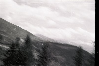 Vintage black-and-white aerial shot of rugged, forested terrain with dense tree cover and winding river or stream. Low-angle ...