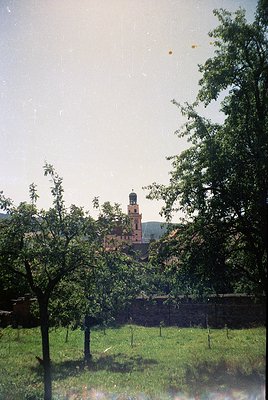 Historic bell tower framed by lush greenery and mature trees, likely part of a European church or monastery. The architecture...