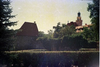 Vintage sepia-toned photo of a European castle tower with red-tiled roofs and lush greenery. Likely 19th–early 20th century.