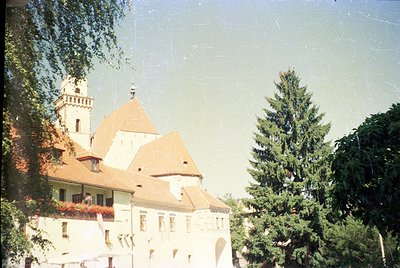Vintage photograph of a European castle-style building with a conical roof and tower, surrounded by lush greenery. The struct...