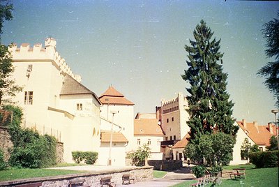 Medieval-style castle complex with crenellated towers, red-tiled roofs, and stone walls. Central courtyard features a tall ev...