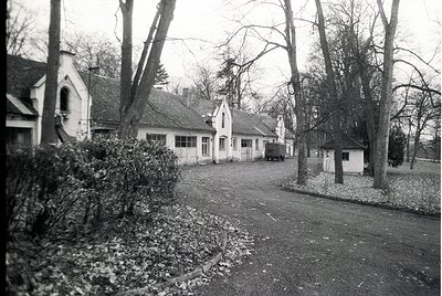 Mid-century suburban residential street with Tudor-style homes, featuring steep gables, brick chimneys, and symmetrical windo...
