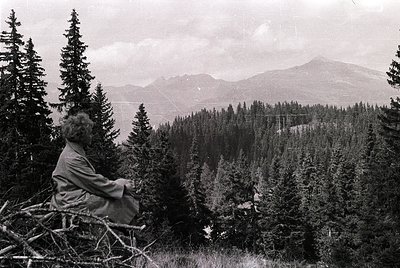 Black-and-white alpine portrait of a seated man in mid-20th century attire, surrounded by dense coniferous forest. Snow-cappe...