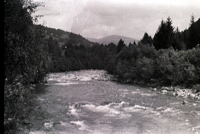 Vintage black-and-white shot of a shallow, rocky river flowing through a forested valley. Dense coniferous trees frame both s...