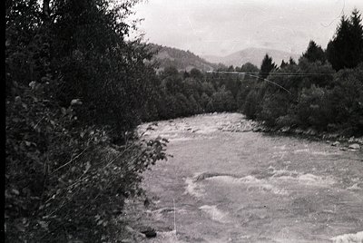 Vintage black-and-white shot of a turbulent river flowing through a forested valley, framed by dense foliage on both sides. R...