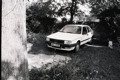 Classic **Fiat 128** (1970s model) parked in a rural or suburban driveway, framed by overgrown foliage and a tree trunk. Blac...
