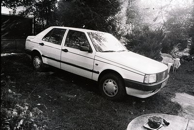Classic sedan parked on grassy yard, likely a **Volkswagen Passat** (B1/B2 generation, 1980s). Rusting metal, faded paint, an...