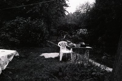 Vintage black-and-white shot of a lone plastic chair and table set in a dense, overgrown garden. The scene evokes mid-century...