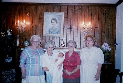 Four women pose indoors in a vintage-style setting, likely 1980s–1990s. Wood-paneled walls feature framed portraits, candle s...
