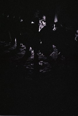 Low-light scene of a nighttime gathering with silhouetted figures. Central figure plays guitar, surrounded by blurred attende...