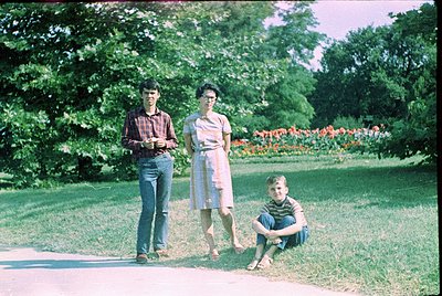 Vintage 1970s family portrait in a lush park setting. Three individuals pose on a gravel path surrounded by vibrant greenery ...