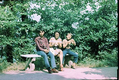 Three individuals pose casually on a wooden bench in a lush, green park setting, likely mid-1970s. All wear casual 70s attire...