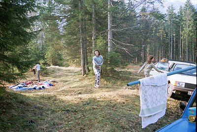 Forest picnic scene with vintage car: Three people setting up a spread on a dirt path surrounded by conifers. Spread includes...