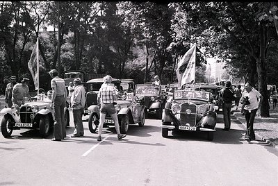 Vintage classic car rally with 1930s–1950s automobiles lined up on a tree-lined road. Crowd in period attire, some holding fl...