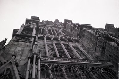 Gothic stone façade featuring pointed arches, intricate tracery, and buttresses—likely a European cathedral or church. Vertic...