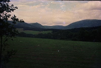 Vintage sepia-toned landscape featuring rolling hills, dense forests, and open meadows under soft, diffused light. Evidence o...