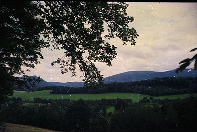 Vintage sepia-toned landscape featuring rolling green hills framed by dense foliage. Misty mountains in the distance under a ...