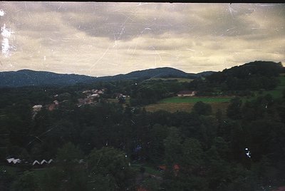 Vintage aerial view of rural landscape with dense forest, scattered farmhouses, and rolling hills under overcast skies. Scrat...