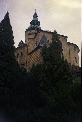 Medieval stone castle with crenellated walls, central tower, and conical roof, framed by dense evergreen foliage. Likely Euro...