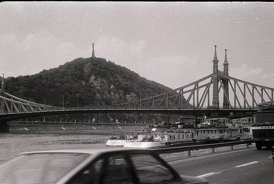Black-and-white shot of the Liberty Bridge (Szabadság híd) in Budapest, Hungary, spanning the Danube River. The bridge’s icon...
