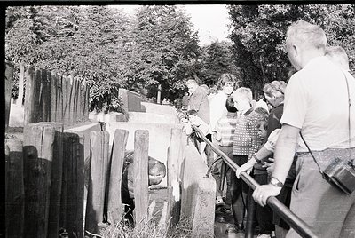 Mid-20th century crowd gathers at a makeshift memorial site with wooden barriers and grave markers. Likely a wartime or confl...