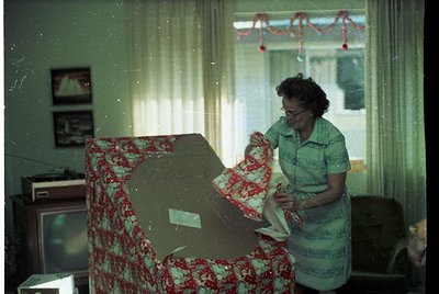 Vintage indoor scene featuring a woman in a floral apron ironing near a floral-patterned sofa, 1960s-70s. Old-fashioned TV an...